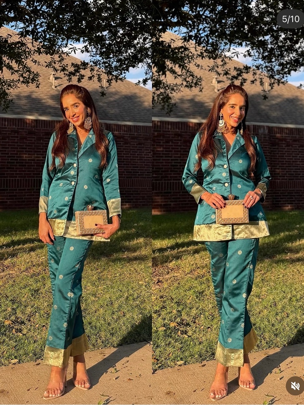 Teal Satin Embellished Two-Piece Pant Set